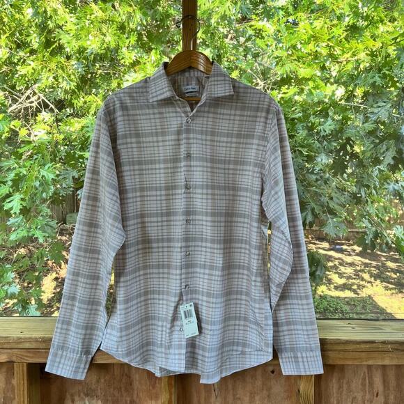 Calvin Klein Men's Khaki And Grey Button Down Shirt Size 16 1/2. NEW - Picture 1 of 11